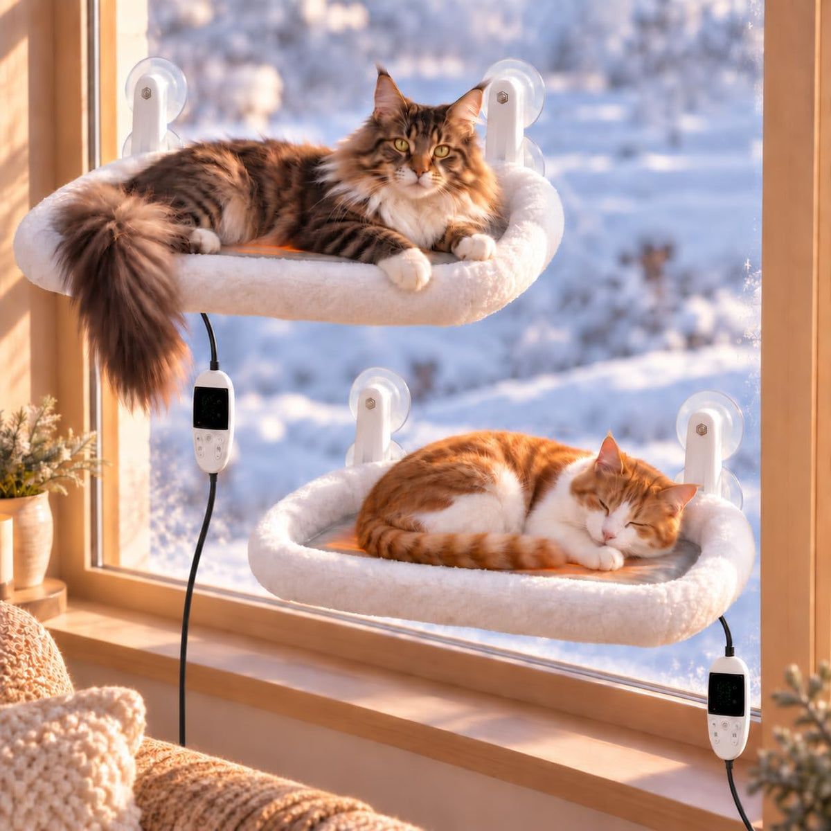 L&W BROS. 2PC Cat Heated Window Perches with Adjustable Thermostat & Timer – Dual Hammocks with Strong Suction Cups, Easy-To-Clean Warm Beds for Multi-Cat Homes, Holds up to 50Lbs Each (M 2PC)