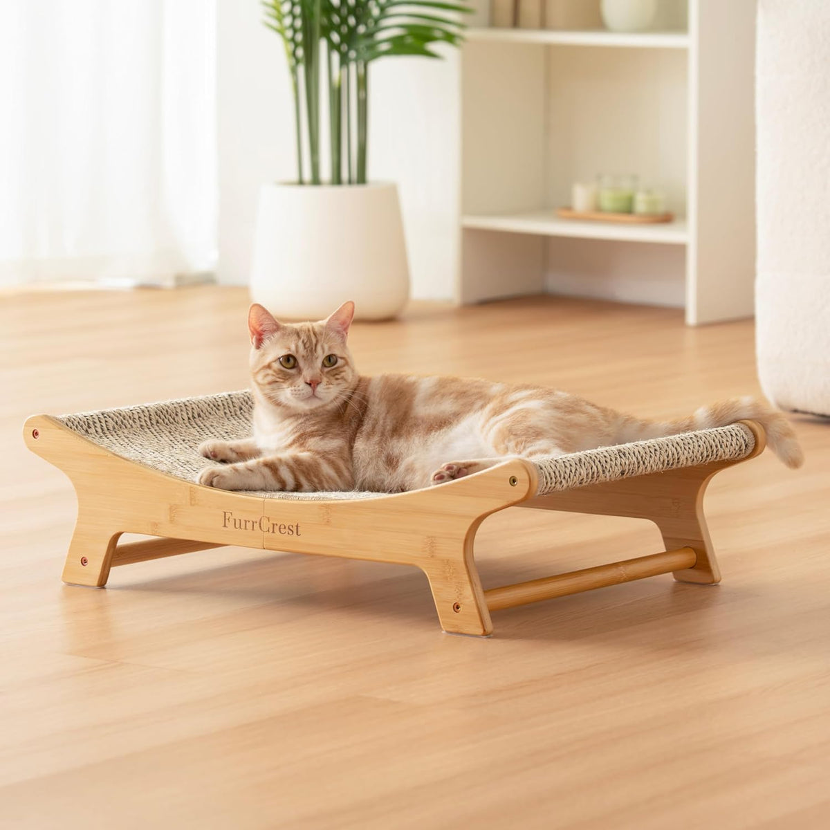 XL Sisal Cat Scratcher Bed with Elevated Hammock for Indoor Cats, Replaceable Natural Sisal Pad, Large Cat Lounge, Anti-Slip No-Wobble Bamboo Frame, Grey Chevron.