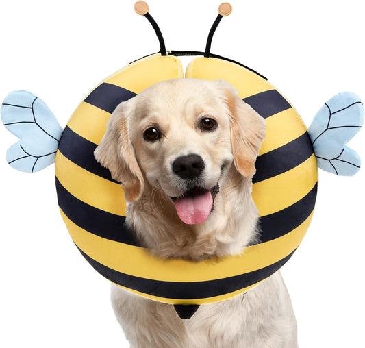 PAWCHIE Inflatable Dog Cone Collar Alternative, Soft Dog Cone for Medium to Large Dogs after Surgery, Adjustable Neck Recovery E-Collars Donut Collar with Cute Bee Shape, Yellow L