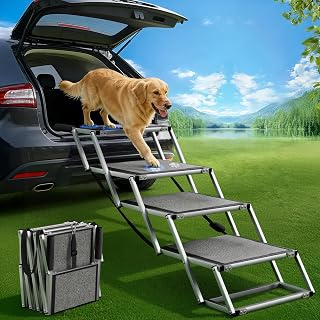 Dog Stairs for Large Dogs, 𝟐𝟎'' 𝐄𝐱𝐭𝐫𝐚 𝐖𝐢𝐝𝐞 Foldable Dog Ramp for Car, SUV & Truck, Non-Slip Dogsteps for High Beds, 4-Step Aluminum Frame, Supports up to 250 Lbs