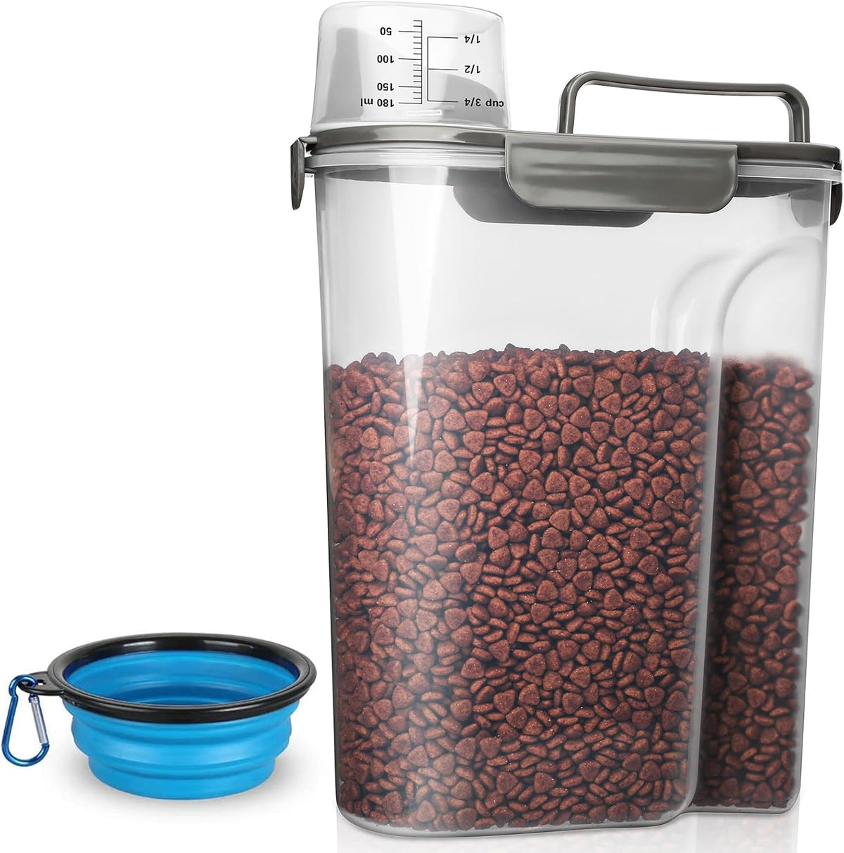 TIOVERY Dog Food Storage Container, 5-7 Lbs Airtight Pet Food Container, Cat Food Container Dispenser with Portable Handle, Pouring Spout and a Collapsible Bowl for Dogs Cats Navy Blue/6Qt