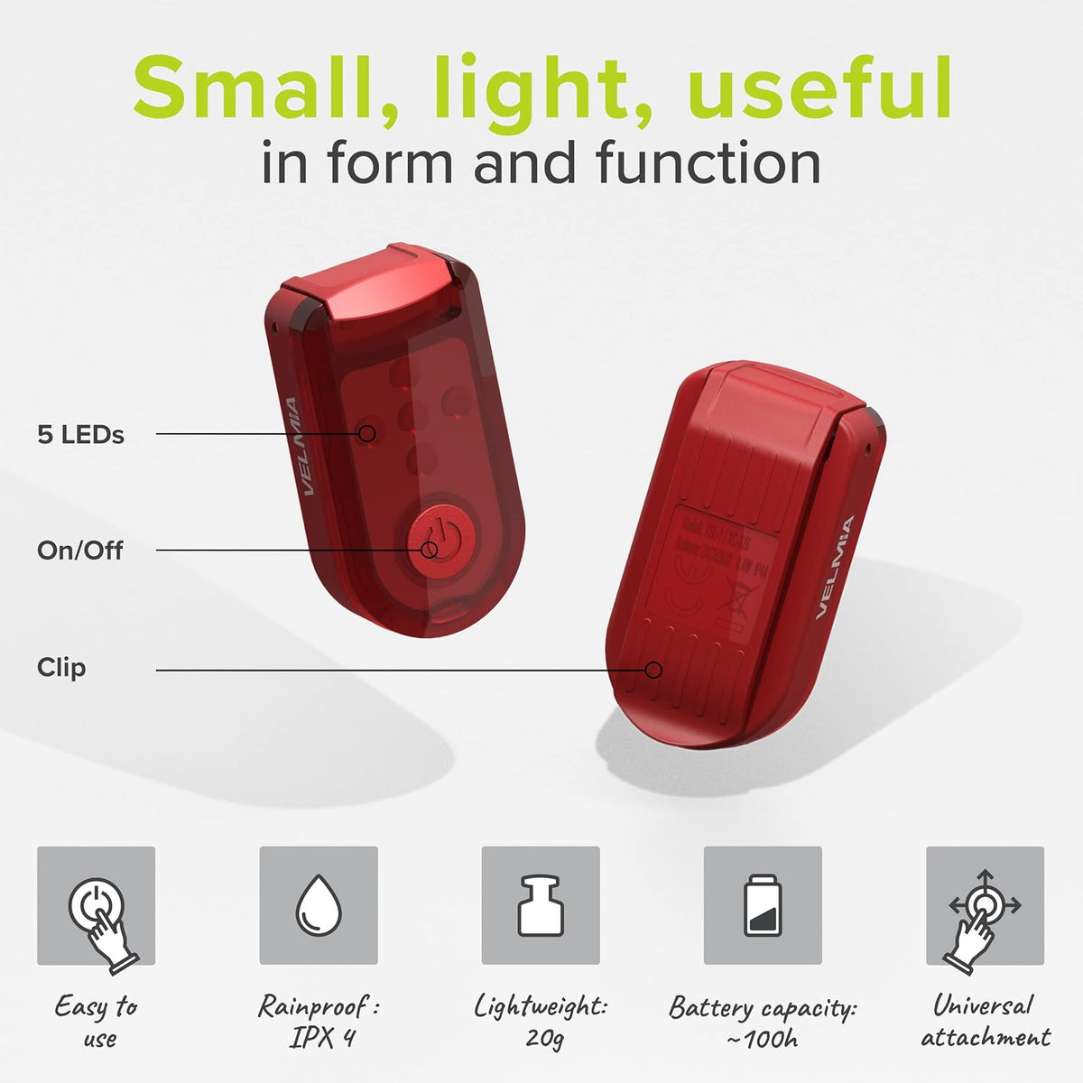 VELMIA Running Light for Runners (2 Pack) for Maximum Safety through Visibility I Clip on Strobe & Reflective Gear - Dogs, Walking, Bike Taillight, Stroller