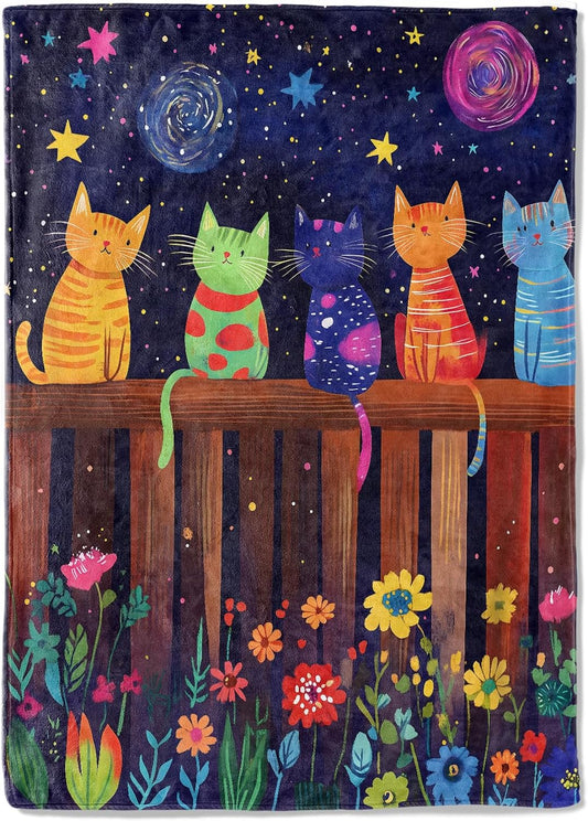 Colorful Cat Fleece Blanket - 50X60In Kitten Starry Night Sky and Flower Garden Throw Blankets,Soft Cozy Lightweight, Ideal for Living Room Home Decor and Kids Women Girls Spring Gifts