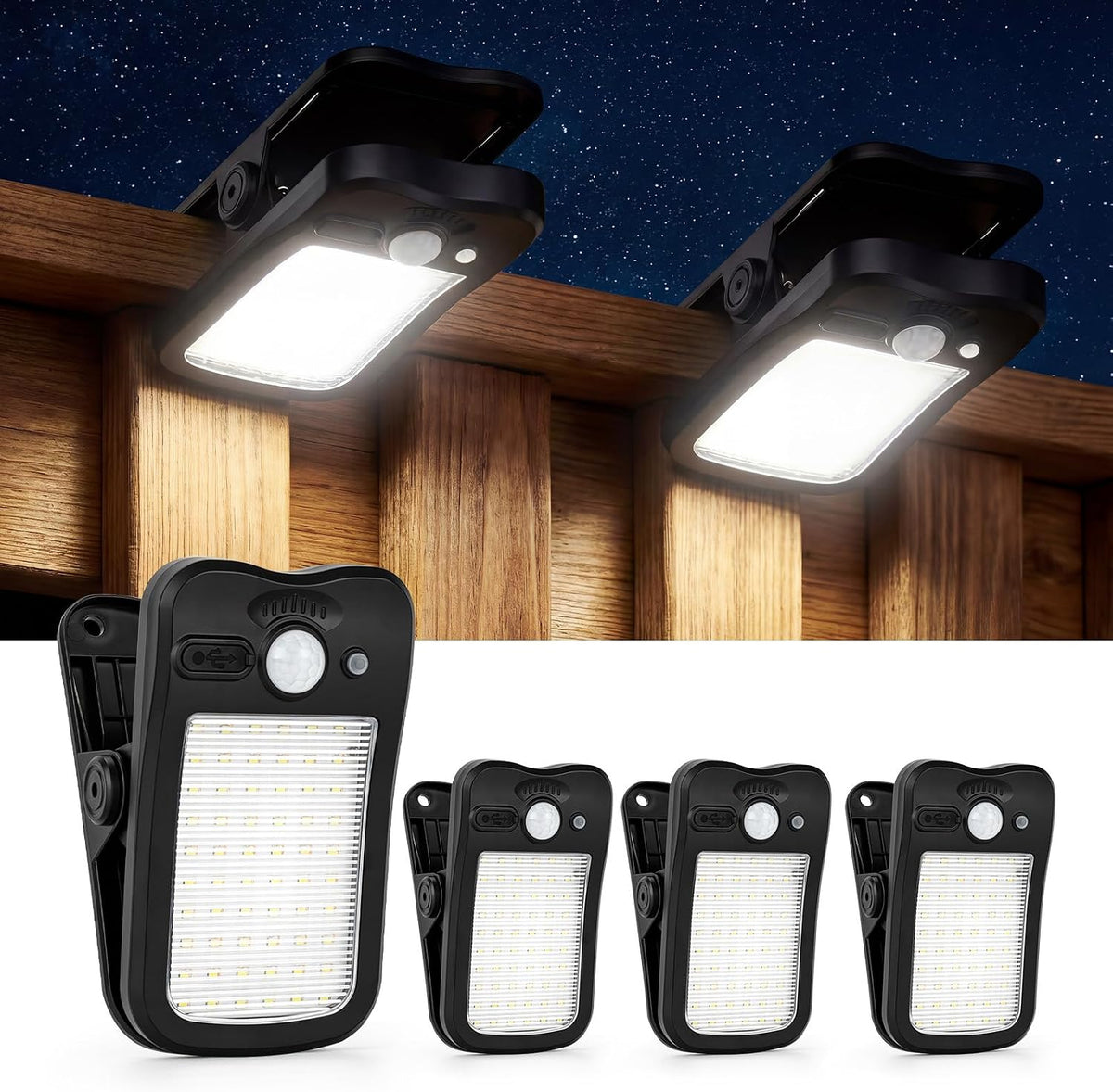 4 Pack Clip on Solar Lights Outdoor, 60 LED 500LM Motion Sensor Clamp Light, USB & Solar Powered Waterproof Security Lights for Fence Gutter Deck Camping, 1-Second Fast Install