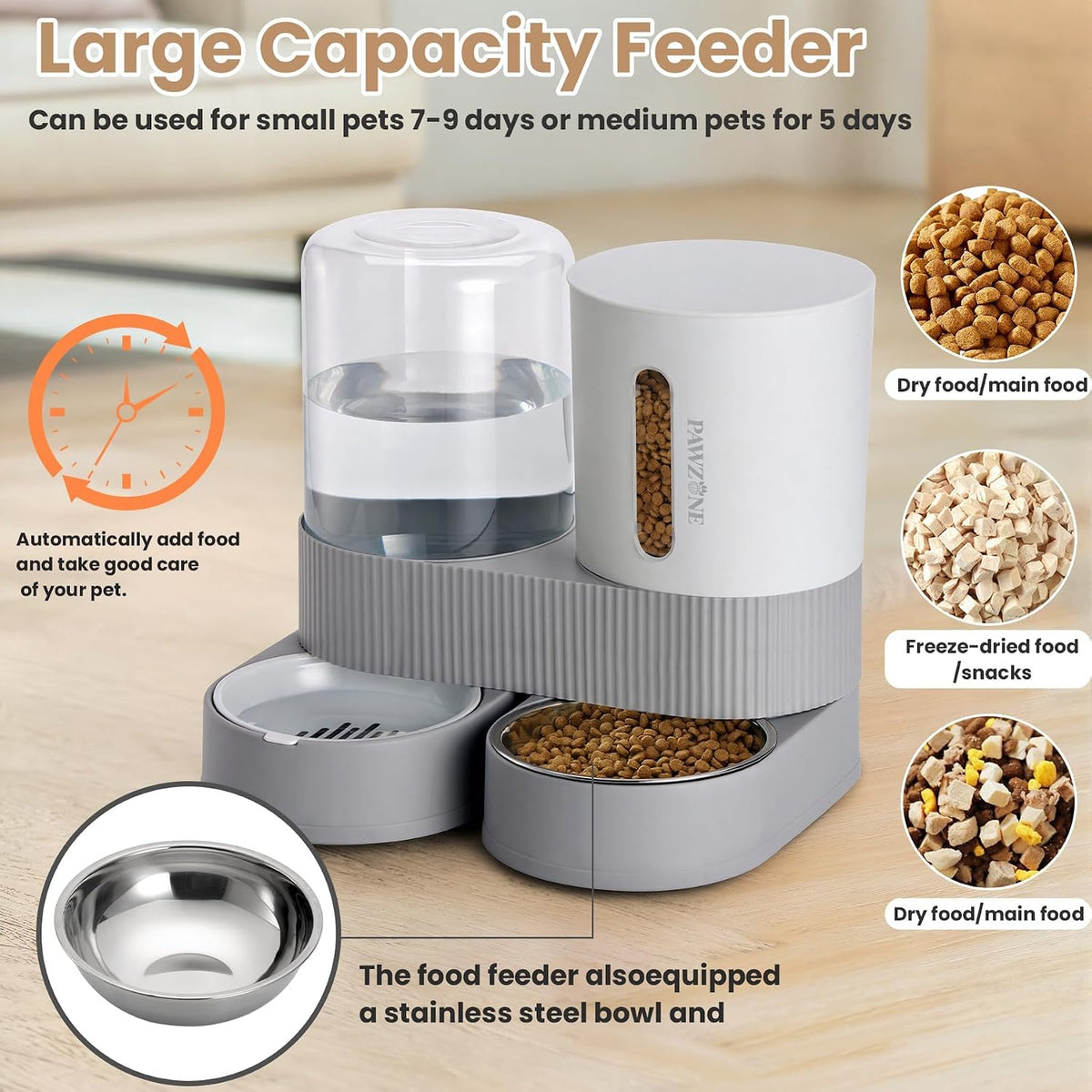 2 Pack Automatic Cat Feeder Stainless Steel Water Dispenser Gravity Food Feeder and Waterer Set with Pet Food Bowl for Small Medium Kitten Puppy Pets Large Capacity(Grey)