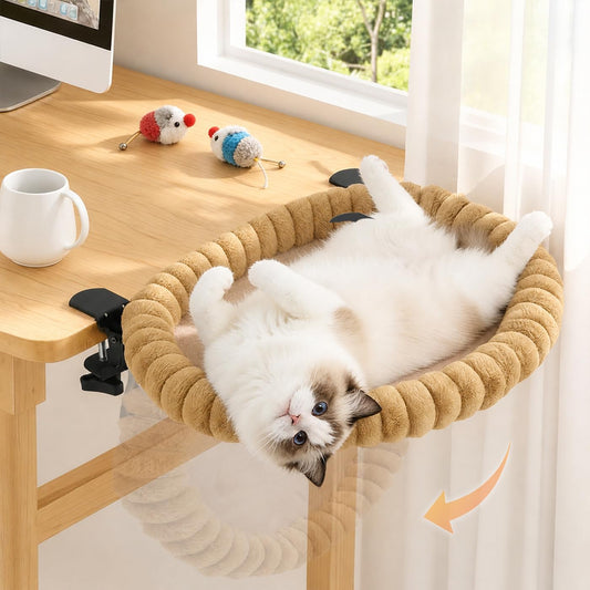 Pawow Large Cat Desk Bed, 90° Foldable, Sturdy Dual Clamp Cat Hammock Perch