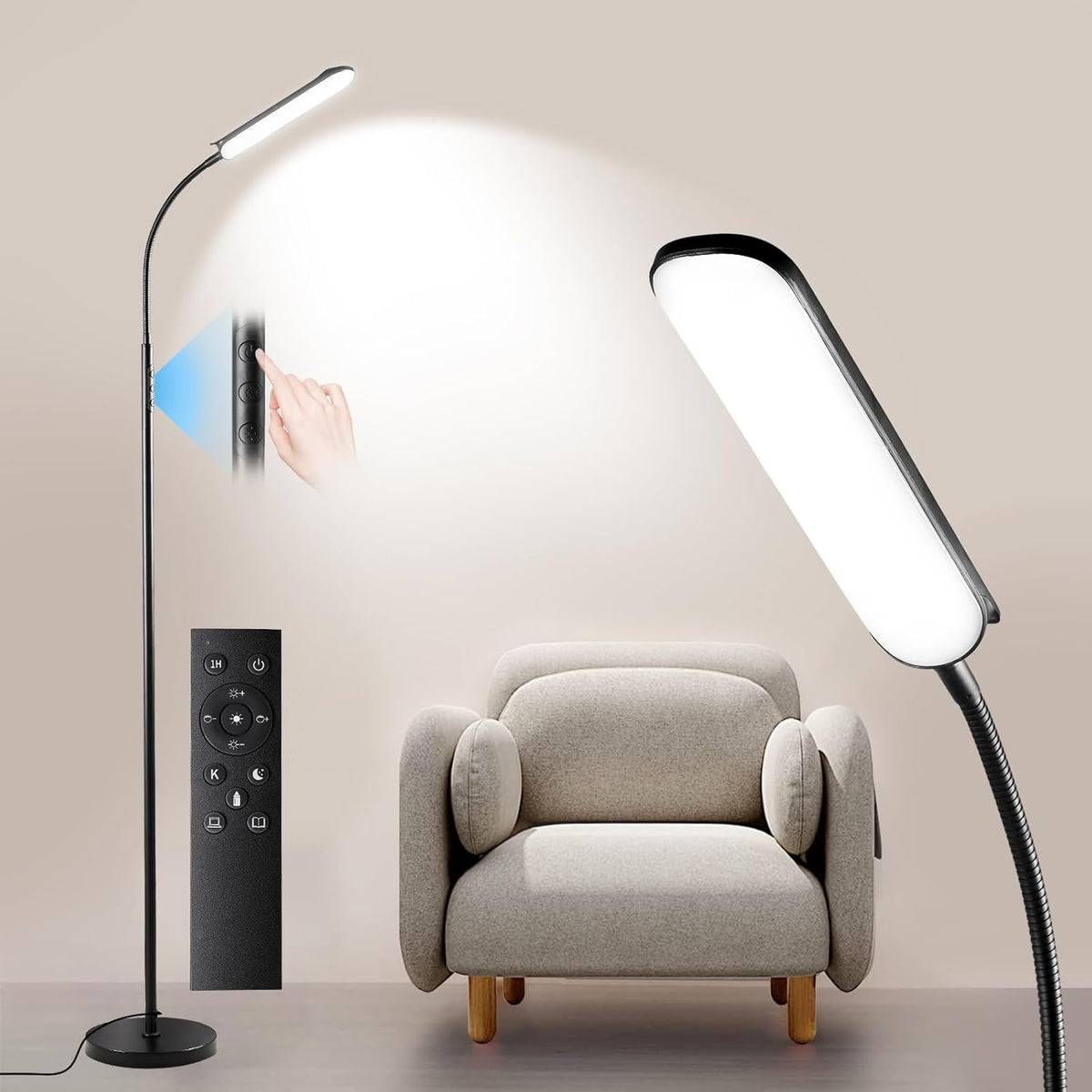 Yikuneng Dimmable LED Floor Lamp, Super Bright Reading Lamps Floor Standing Lamp with Remote & Touch Control, Stepless Dimming & 2700K-6500K Color Temperature, for Living Room Bedroom Office, Black
