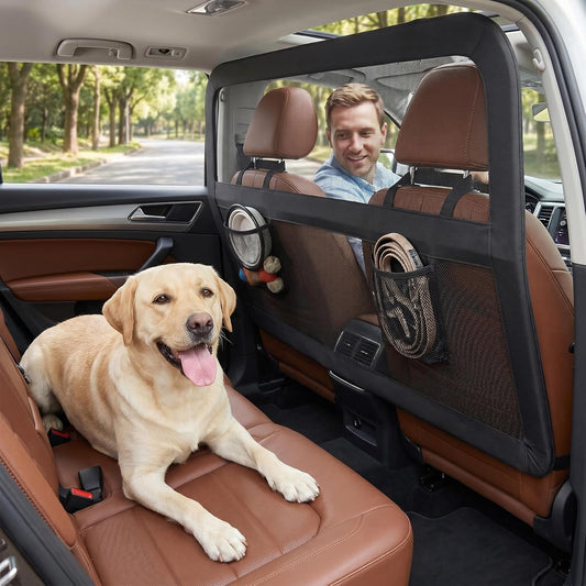 Heavy Duty Dog Car Barrier with Sturdy Metal Frame, Wider Coverage Pet Divider Net for Back Seat & Cargo Area, Universal Fit for Cars Suvs Trucks, Claw-Proof Transparent Mesh for Cool Airflow