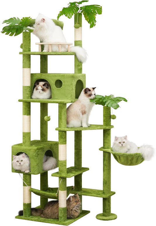 Meecal 65In Tall Cat Tree with Leaves for Indoor Cats, Green Cat Tower with Scratching Post,Hanging Hammock,Cozy Perch,Swing Ball,Self Groomer and Cat Ladder,Cat Tree Tower