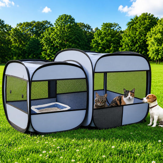 Tailtastic Indoor/Outdoor Cat Playpen with Surround Tunnel 2 Zones Grey