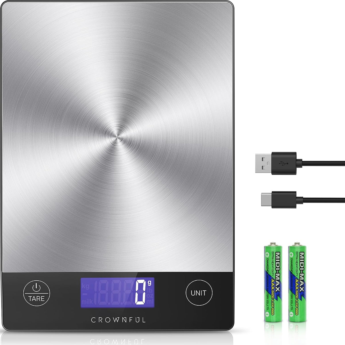 CROWNFUL Food Scale, 33Lb Rechargeable 304 Stainless Steel Digital Kitchen Scale Weight Grams and Ounces with LCD Display and Type-C Charging for Meal Prep, Baking and Cooking