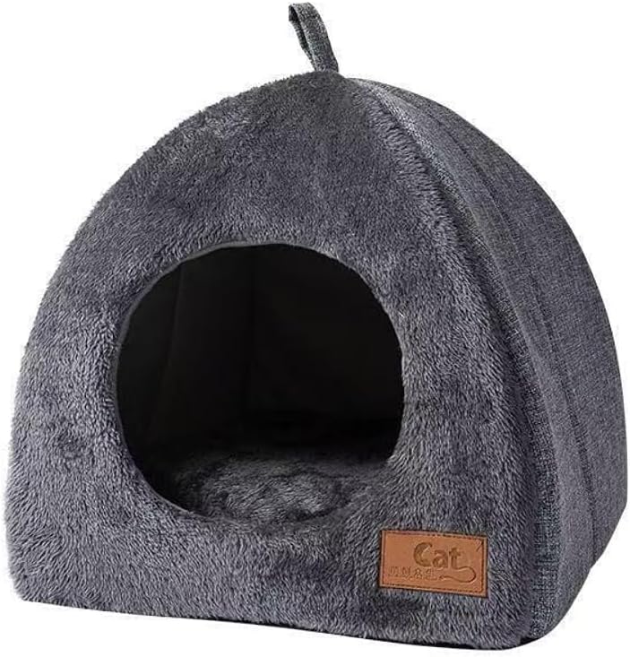 Cozy Plush Cat Cave Bed, Gray, Indoor Self-Warming Enclosed Pet House with Non-Slip Bottom