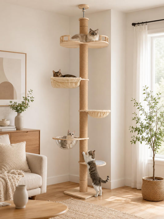 Floor to Ceiling Cat Tree, Adjustable Height 75-120 In, with Sisal Scratching Post, Plush Hammock, Clear Bowl Perch, 5-Level Modern Minimalist Tower for Indoor Cats