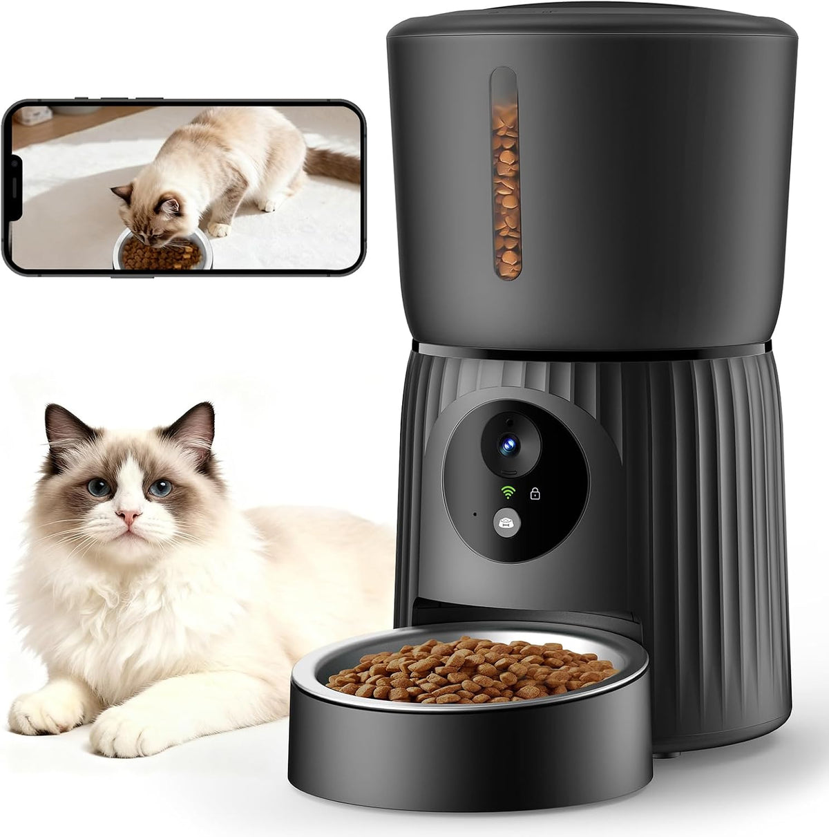 Faroro Automatic Cat Feeder with Camera, 1080P HD Video with Night Vision, 5G Wifi Automatic Dog Feeder with APP Control, 2-Way Audio, Blockage Sensor for Cats or Small Dogs, 4L (Black)