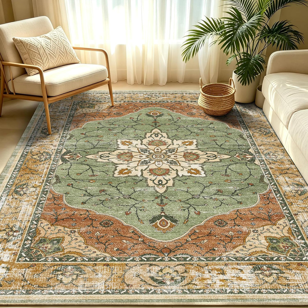 YARNSCAPE 5' X 7' Machine Washable Area Rug, Non-Slip Low-Pile Carpet