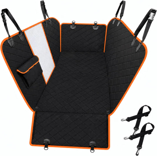 Dog Car Seat Cover for Back Seat, Waterproof 600D Oxford Pet Backseat Hammock with Mesh Window, Side Flaps, Storage Pockets, 2 Safety Belts and Non-Slip Bottom for Cars Suvs Trucks