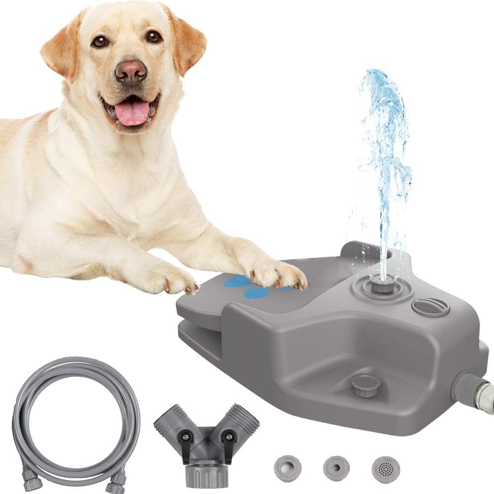 Dog Water Fountain Outdoor, Dog Sprinkler Toy Step On, Paw Activated Pet Drinking Fountain Water Dispenser for Large or Small Dog Bowl Alternative (Grey)