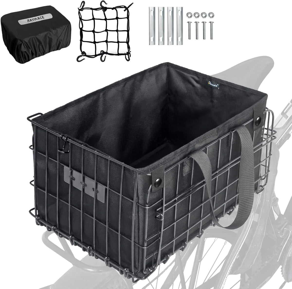 RAYMACE Bike Basket Rear,Bicycle Basket with Removable Liner,Rainproof Cover and Cargo Net,Folding Bike Baskets for Adult,Quick Release Design Fits for Most Rear Mounted Bike Rack