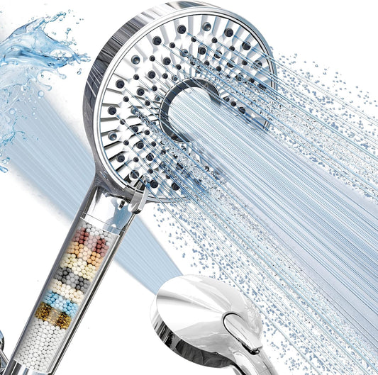 Magichome Filtered Shower Head with Handheld, 10-Mode Adjustable Detachable Chrome Showerhead W/Stainless Hose, Water Softener Filter Beads for Hard Water - Remove Chlorine, Reduce Dry Itchy Skin