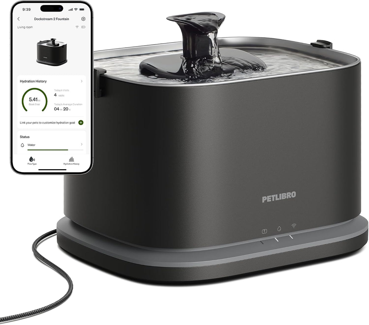 PETLIBRO Upgrade Cat Water Fountain Stainless Steel Tray, Dockstream 2 Cat Fountain Indoor, 3L/101Oz Auto Cat Fountains for Drinking, App Monitoring Pet Water Fountain Dog, 5G Wifi Cat Water Dispenser