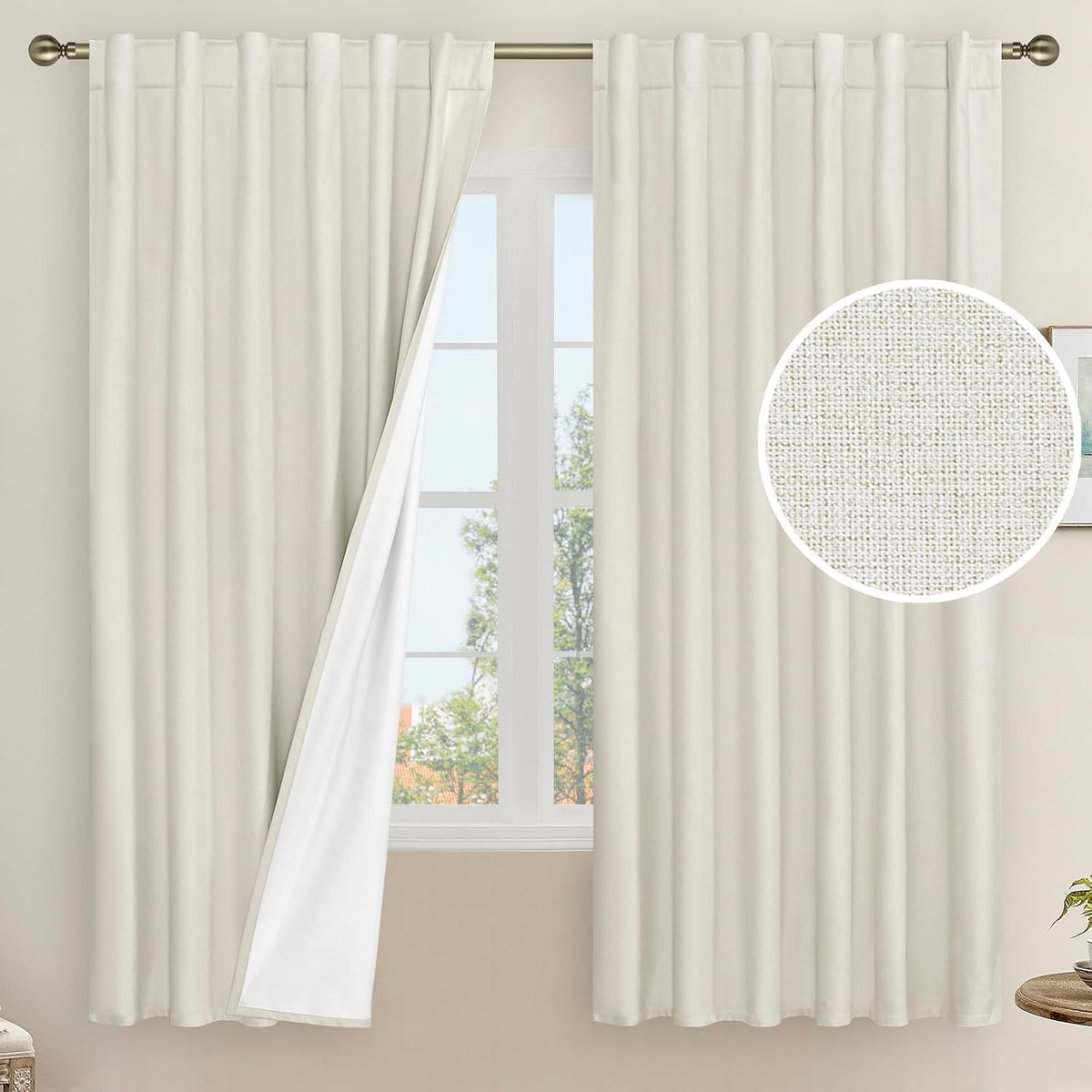 LAMIT 100% Blackout Natural Linen Bedroom Curtains 63 Inches Long, Ivory