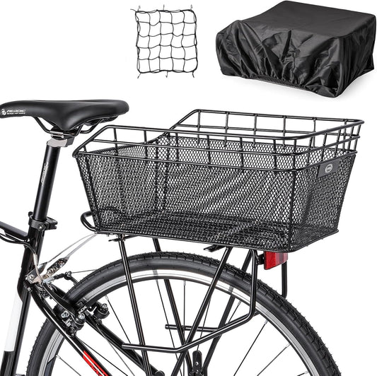 Rear Bike Basket - Bicycle Rear Basket with Cargo Net and Waterproof Cover