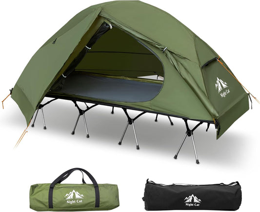Night Cat Camping Cot Tent - Waterproof 1-Person Off-Ground Combo Cot Bed for Adults Portable Easy Set-Up Tent Green 27.5'' Width