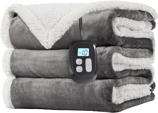 Laffylo Electric Heated Blanket Full Size 72"X 84", Flannel & Sherpa for Bed, Sofa and Couch, ETL Certified, 10 Heat Settings, 1-12H Timer, Overheat Protection, Machine Washable, Light Grey