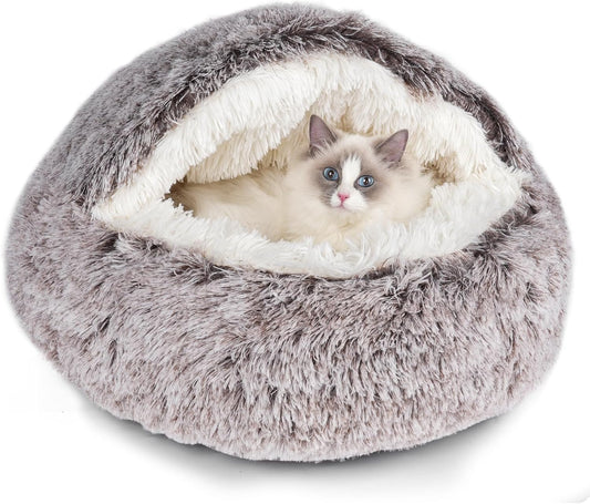 Cat Bed Cave, Cat Beds for Indoor Cats, Washable Hooded Cat Beds, Cozy Cat Bed with Blanket, Anti-Slip Self Warming Cat Bed Fits up to 12 Lbs Pets(Coffee, 20" X 20")
