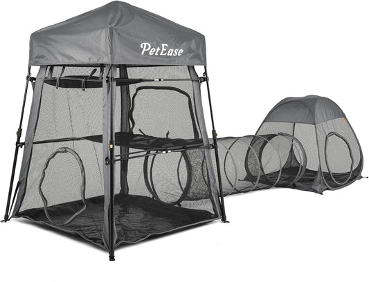 Catio Outdoor Cat Enclosure, 3-In-1 Extra Large Portable Cat Playpen with Tower Tent & Tunnel, Foldable Waterproof Mesh Catio for Indoor Outdoor Cats & Small Pets
