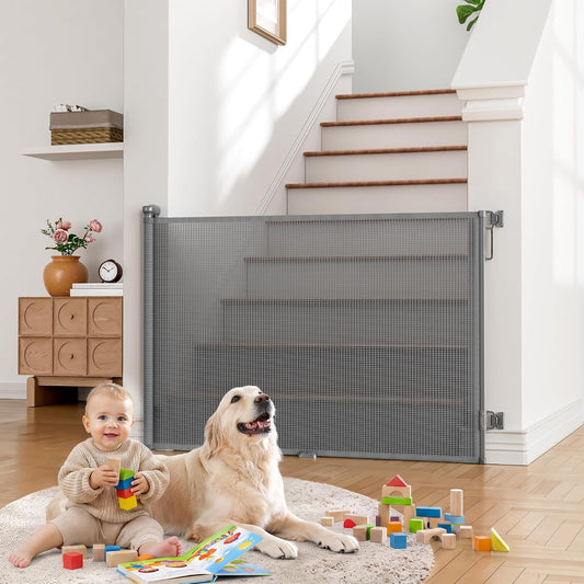 Retractable Baby Gate for Stairs, Dog Gate Indoor 55" Wide × 34" Tall Gray.
