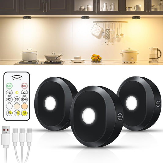 WILLED Puck Lights with Remote Control,3 Colors under Cabinet Lighting Wireless,Rechargeable Battery LED Tap Light,Timer Function Stick on Lights for Kitchen,Cabinet,Counter,Closet, Shelf,3 Pack