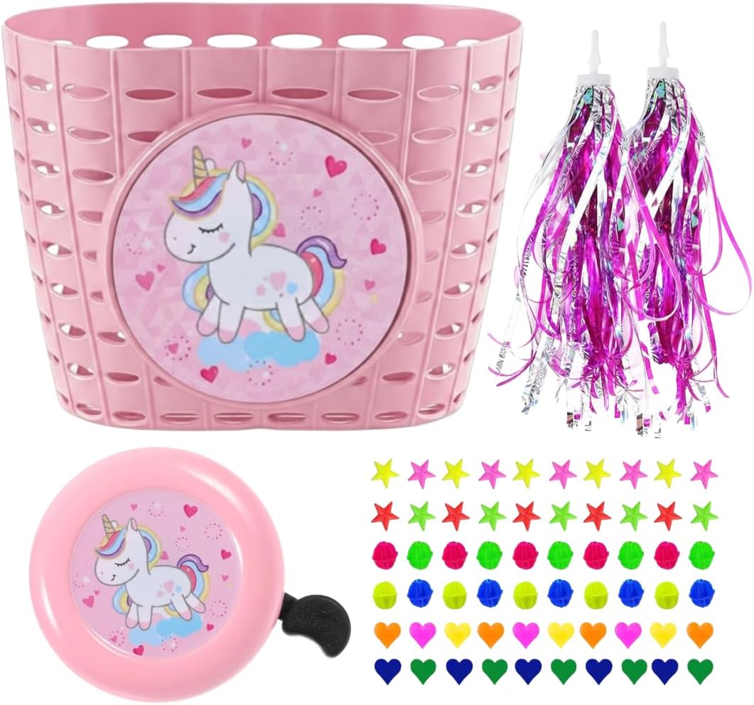 Kids Bike Basket Set with Bell, Handlebar Streamers, and Wheel Spoke Beads, Fun Themes. Multi Colors