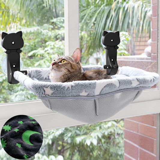 JUNSPOW Cat Window Perch Cordless, Glow in the Dark & Stable Cat Beds- Breathable Window Hammock for Overlooking, Sunbathing and Climbing - Maximum Hold up to 40Lb(Light Grey)