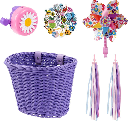 Little World Bike Basket Kids Set with Stickers, Bell, Windmill, Tassels