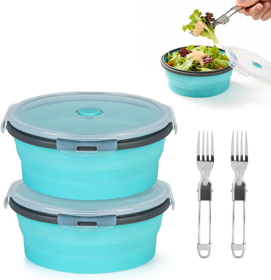 Colorcoral Collapsible Camping Bowl with Lid & Fork Silicone 1200Ml 42Oz