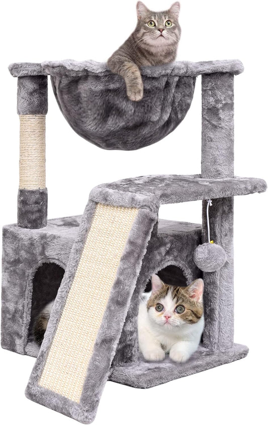 SYANDLVY Cat Tree for Indoor Cats Large Adult, Modern Activity Tower with Scratching Posts & Board, Condo with Plush Perch, Climbing Stand with Cradle & Hanging Ball for Play, Light Grey
