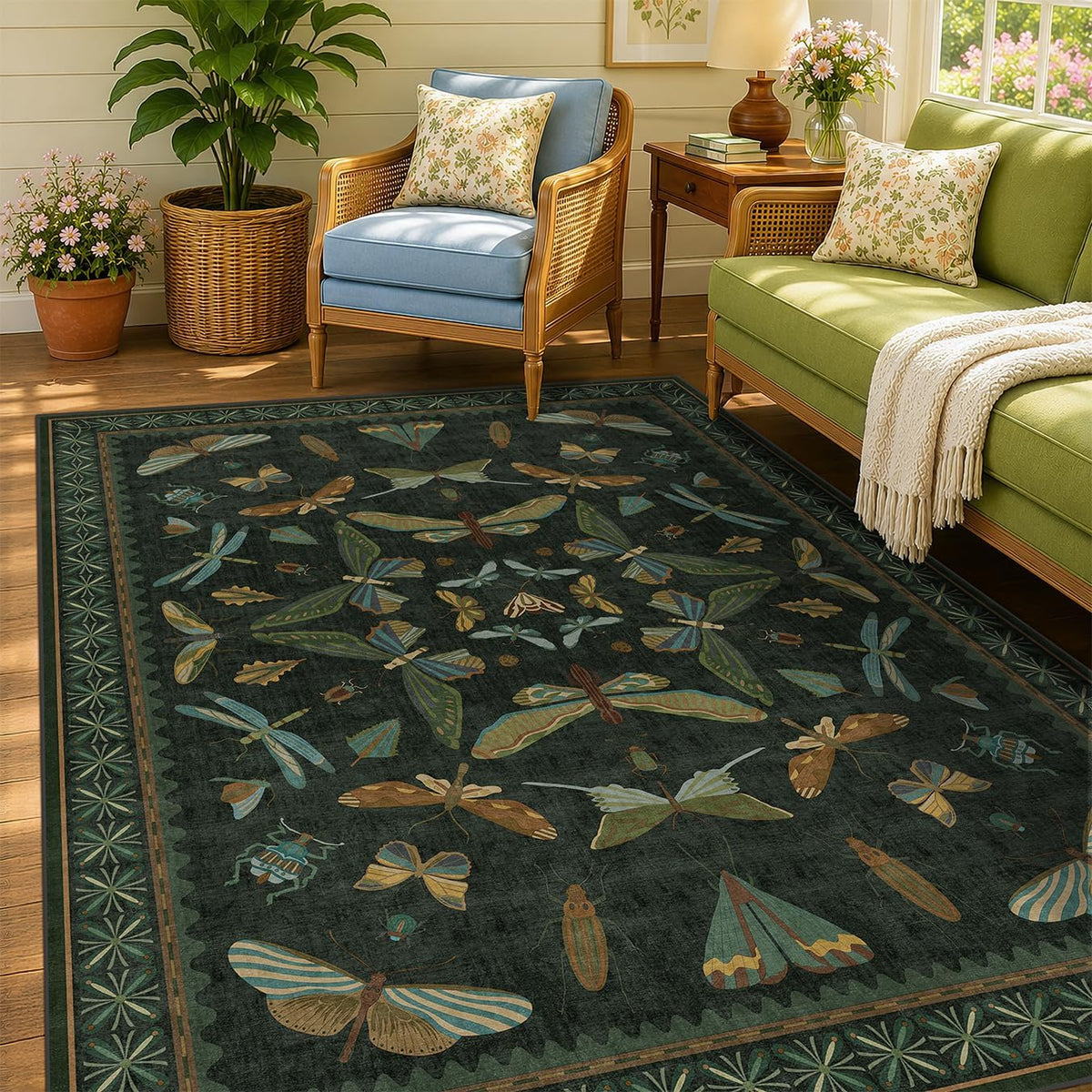 Dark Green Area Rugs 5X7 for Living Room - Fairy Fantasy Moss Rugs for Dining Room Table, Bedroom, Whimsical Insect Boho Moth Décor, Washable Non Skid Soft Carpet