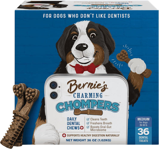 Bernie'S Charming Chompers Dog Dental Chews, Gut Support, 26-50 Lb, 36 Ct