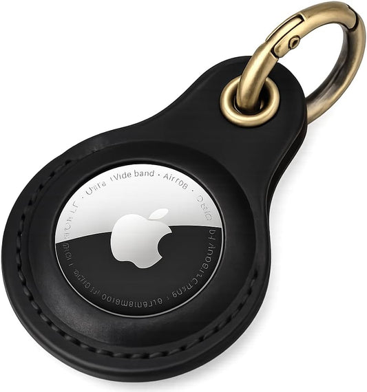 Genuine Leather Airtag Keychain Holder Compatible with Apple Airtags Keyring, anti Lost Secure Key Ring Case for Pet Collar Luggage Suitcase Tracking Travel, Protective Air Tag Key Chain Cover, Black