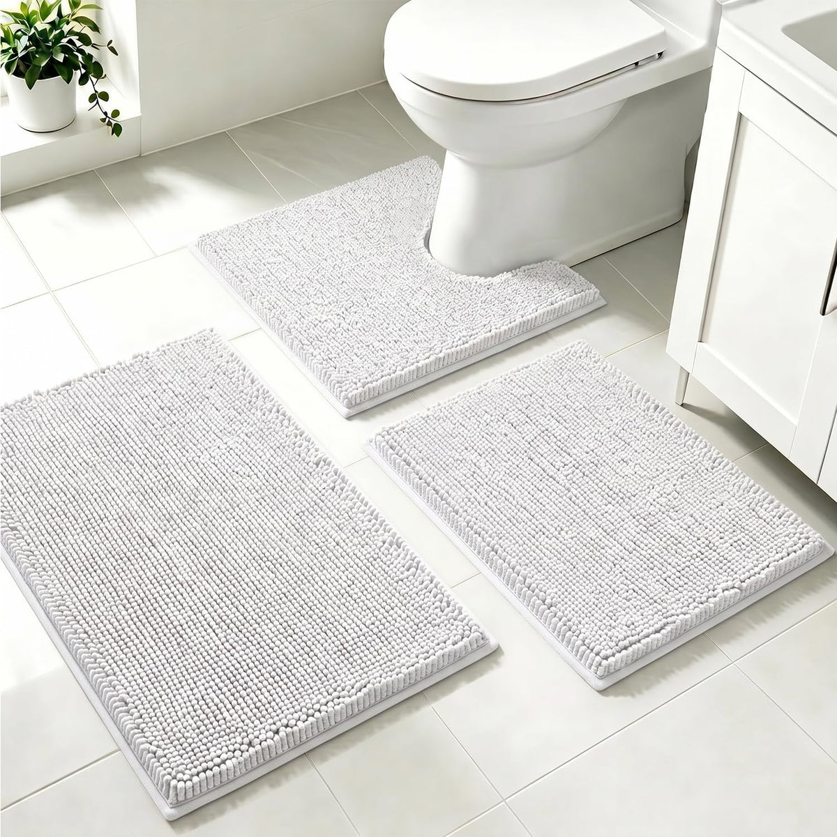 Bathroom Rugs Set Non Slip 3 Piece Bath Mat Washable Chenille Bath Rugs with PVC Backing Bath Carpet,Absorbent Bathroom Mats with Toilet Rug,Bath Mats for Bathroom,Bedroom, Kitchen,Tub,Home Decor