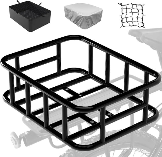 Bike Basket Rear Rack Bike Basket with Cargo Net and Liner Large Bicycle Basket Heavy Duty Bicycle Rear Basket with Liner Waterproof Cover Cargo Net
