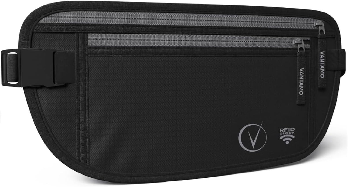 Vantamo Money Belt with RFID for Men & Women, Hidden Passport Holder for Travel, 2 Compartment Travel Fanny Pack for Women anti Theft