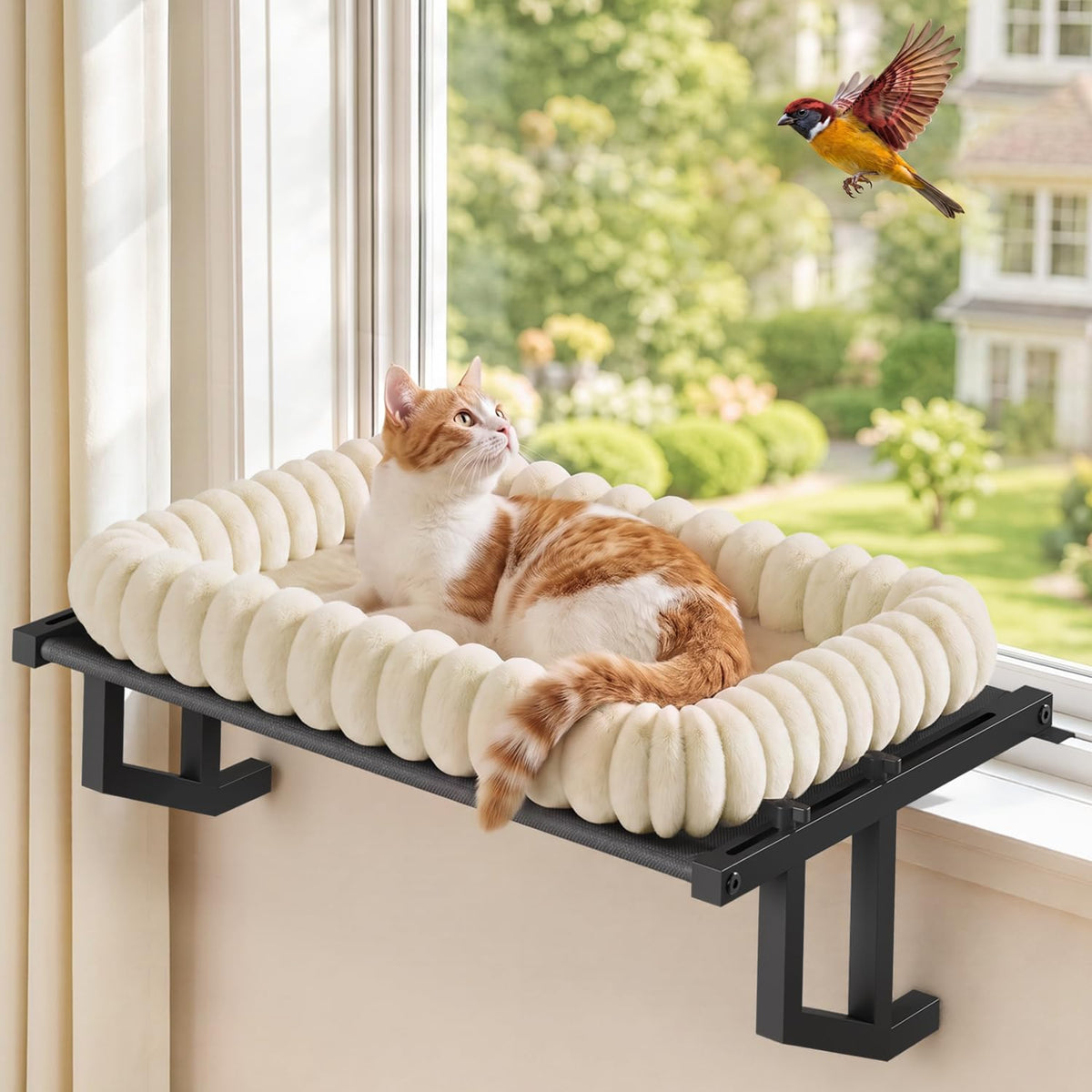 Cat Window Perch Hammock Seat Bed for Cats Inside, Metal, Beige