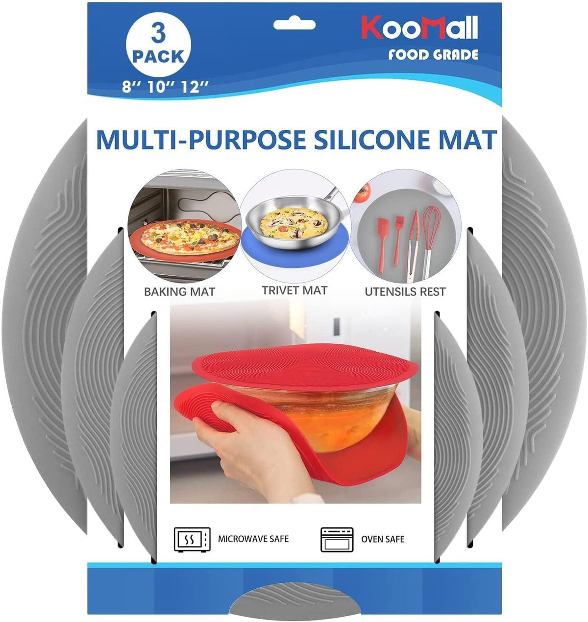 Koomall 12 10 8 Inch Multi-Use Microwave Mat, Trivet, Pot Holders, Drying, Baking, Place Mat, Utensils Rest, Silicone Cover Pad for Hot Pot Pans Bowls Plates Dishes Kitchen Counter,Heat Resistant,Gray