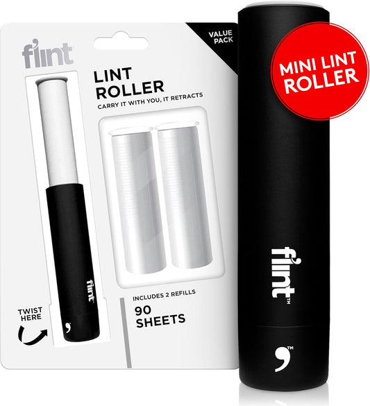 Flint Classic Black Retractable Mini Lint Roller with 90 Extra Sticky Sheets, Small and Portable Lint Roller, Ideal Pet Hair Remover, Travel Lint Rollers for Pet Hair Extra Sticky