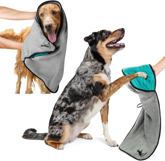 Tuff Pupper Quick Dry Towel for Dogs | Ultra Absorbent Microfiber Shammy | Extra Large 35X15 Size Dog Bath Towel | Comfortable Hand Pockets | Indoor Outdoor Use | Durable Material | Machine Washable