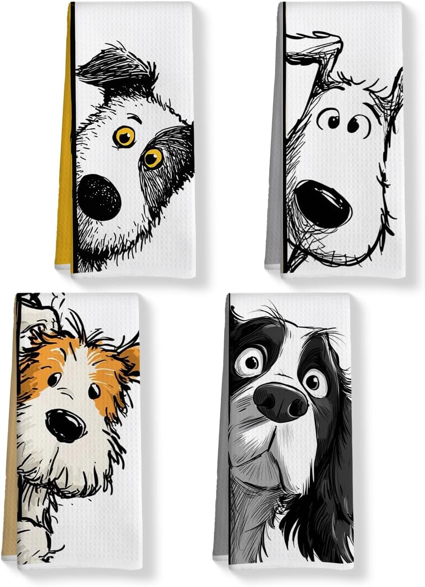 4 Pcs Funny Dog Kitchen Towels, Cute Dogs Gifts Hand Towel 14 X 24 Inches