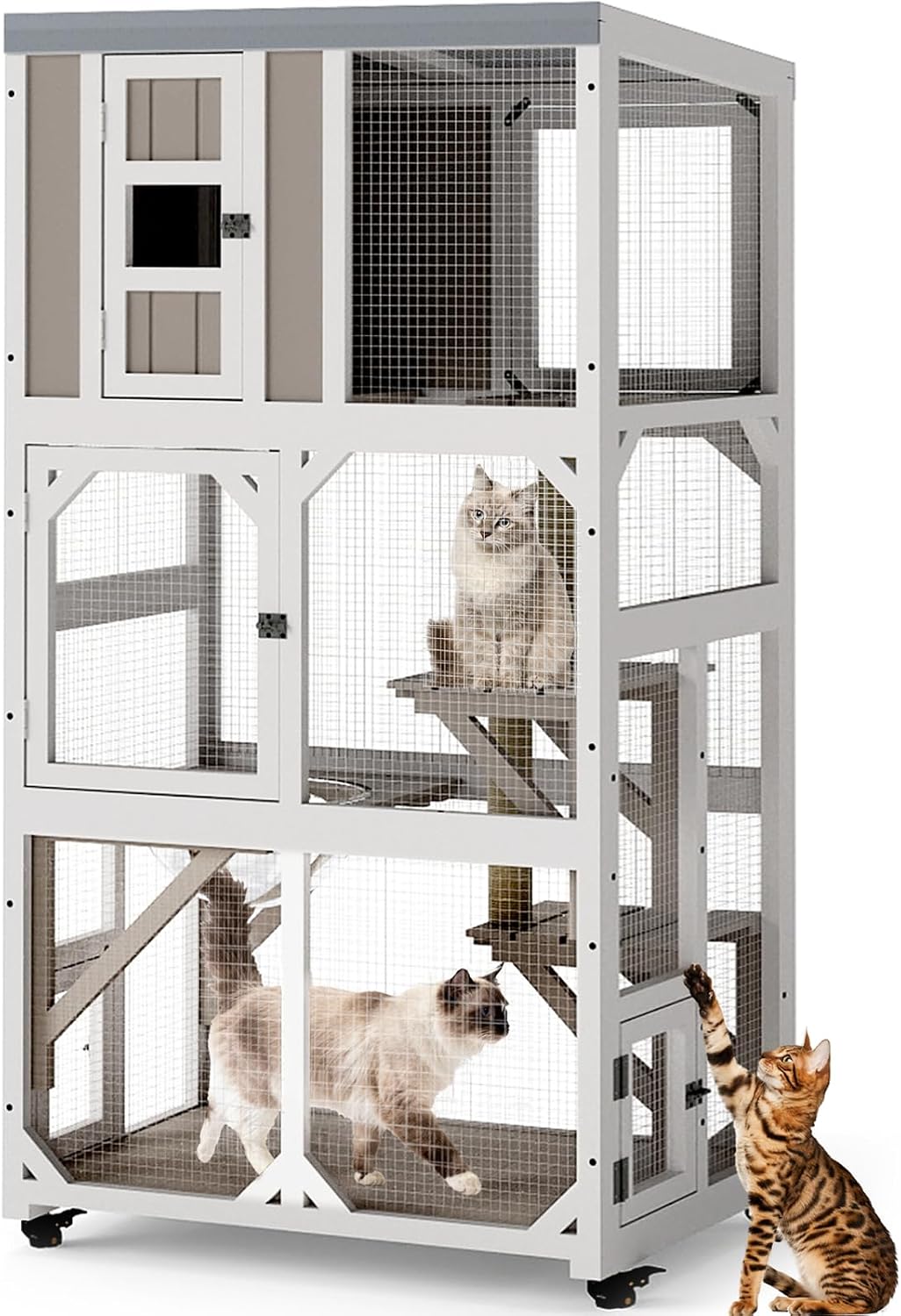 Cat Window Box Catio, Outdoor Indoor Cat Enclosure with Clear Panels, Mesh Sides & PVC Curtain, Universal Window Perch for Windows 25"–43", Window Catio for Sunbathing, Napping & Overlooking,Grey