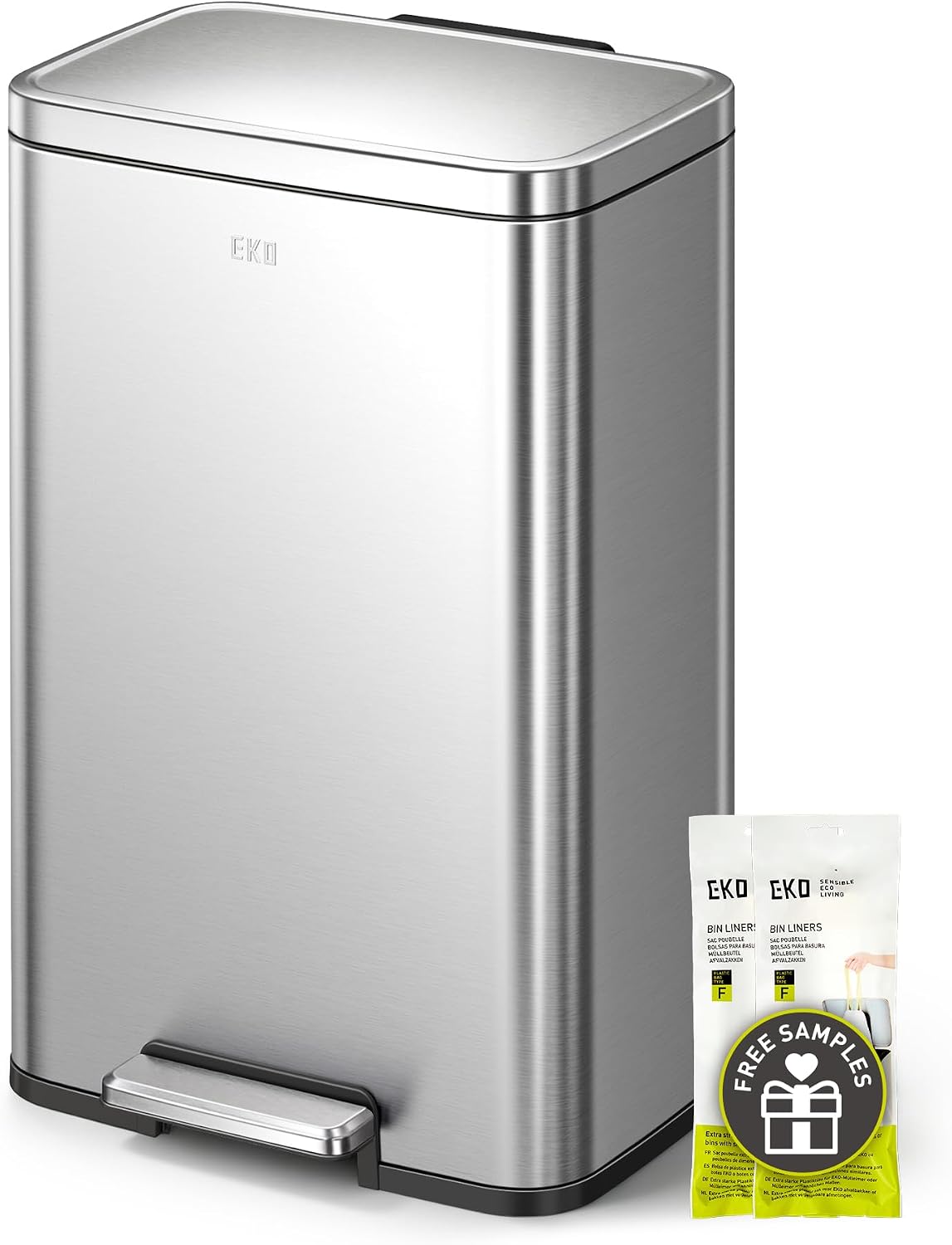 EKO Madison Brushed Stainless Steel 13.2 Gal/50L Kitchen Step Trash Can or Recycling Bin, Removable Inner Liner, Soft Close Lid, Fingerprint Resistant Finish